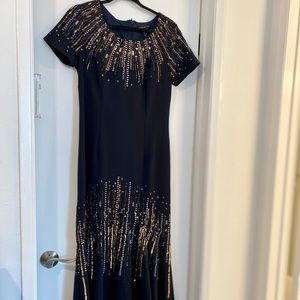 Aidan Mattox high low navy and gold dress
